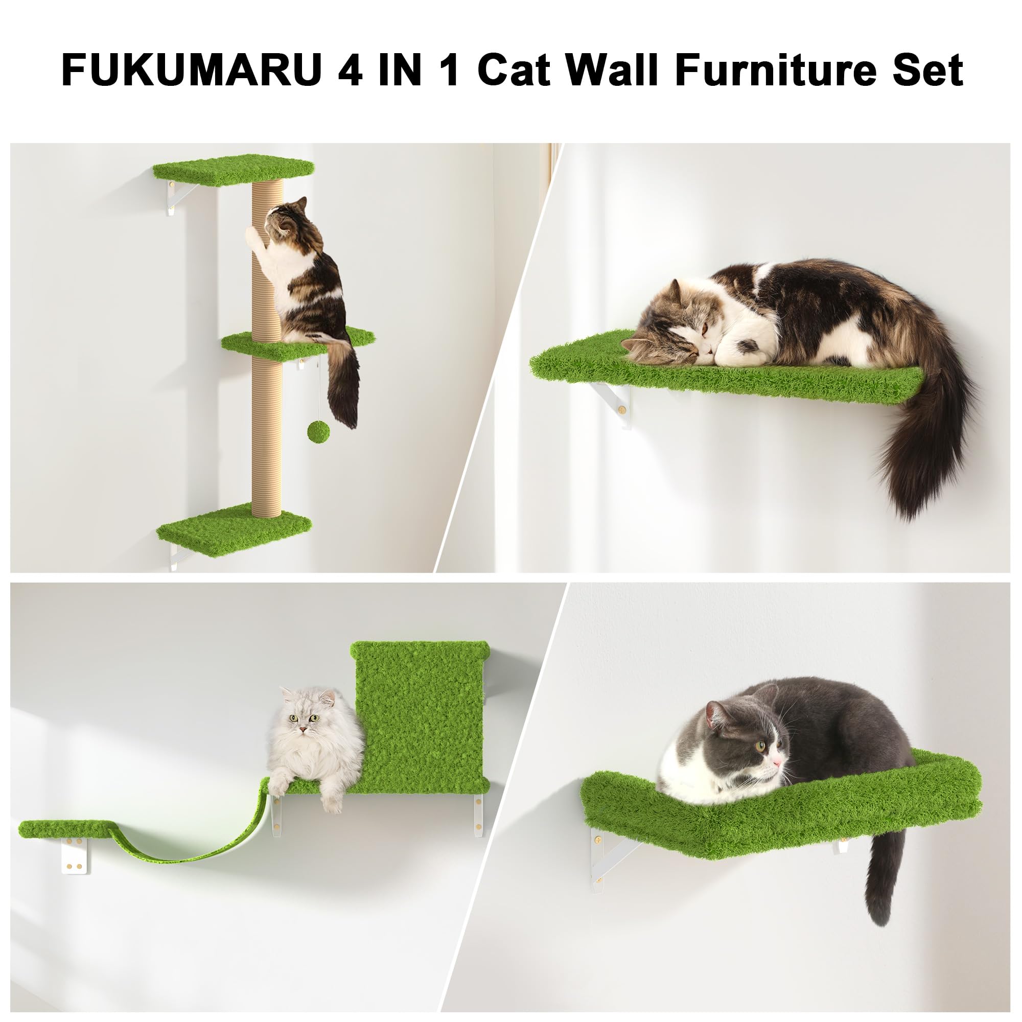 FUKUMARU Cat Wall Shelves, Stable & Safe 4 in 1 Large Cat Wall Furniture Set, Wooden Cat Climbing Wall with Scratching Post, Cat Bridge and Cat Bed,