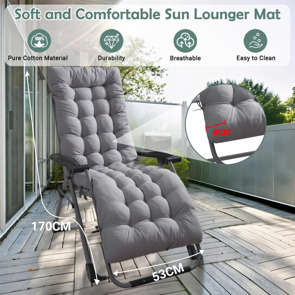 High Back Sun Lounger Replacement Cushion: 170x53 cm Padded Soft Non Slip Ties Outdoor Indoor Use for Reclining Garden Chair Patio Beach Porch Furniture