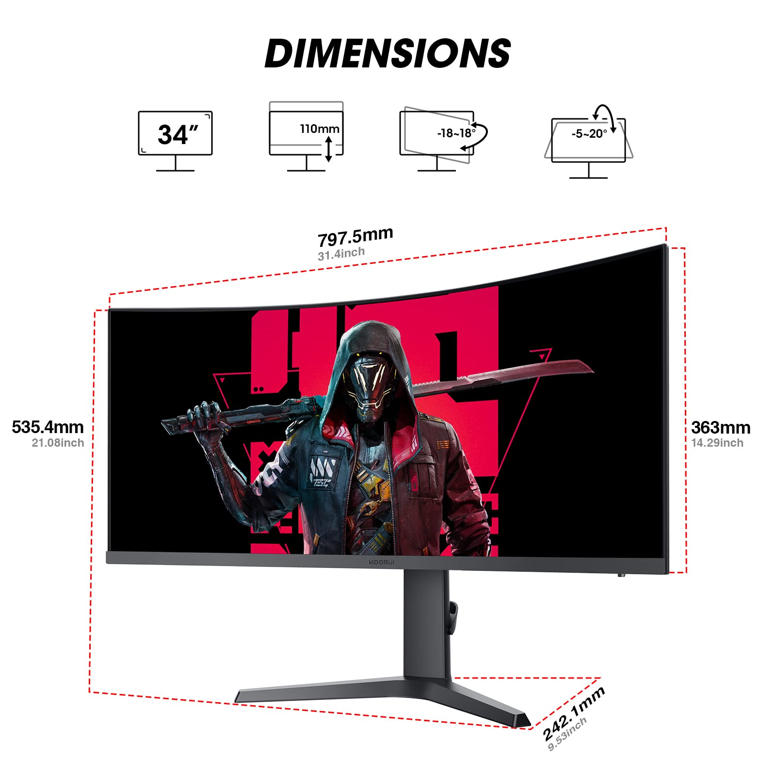 KOORUI 34 Inch Ultrawide Curved Gaming Monitor, 165Hz, WQHD 1440P, 1000R, MPRT 1MS, HDR 400, 2x HDMI 2.0, 1x DisplayPort 1.4, AdaptiveSync, Tilt/Height Adjustable, Black
