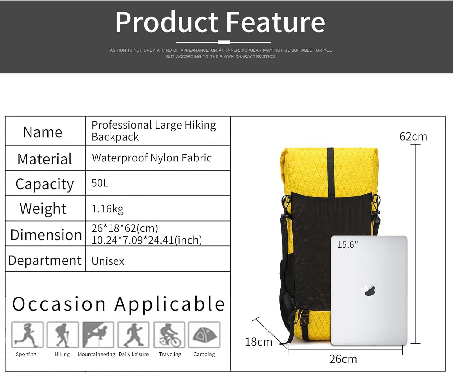 POWER KING 40L Expandable TO 50L Hiking Backpack,Upgraded X-PAC Scratch-proof Lightweight Large Rucksack for Mens Women, Outdoor Roll Top Camping Packsack, Fit for 15.6'' Laptop