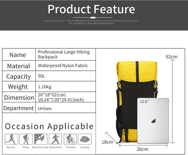 POWER KING 40L Expandable TO 50L Hiking Backpack,Upgraded X-PAC Scratch-proof Lightweight Large Rucksack for Mens Women, Outdoor Roll Top Camping Packsack, Fit for 15.6'' Laptop