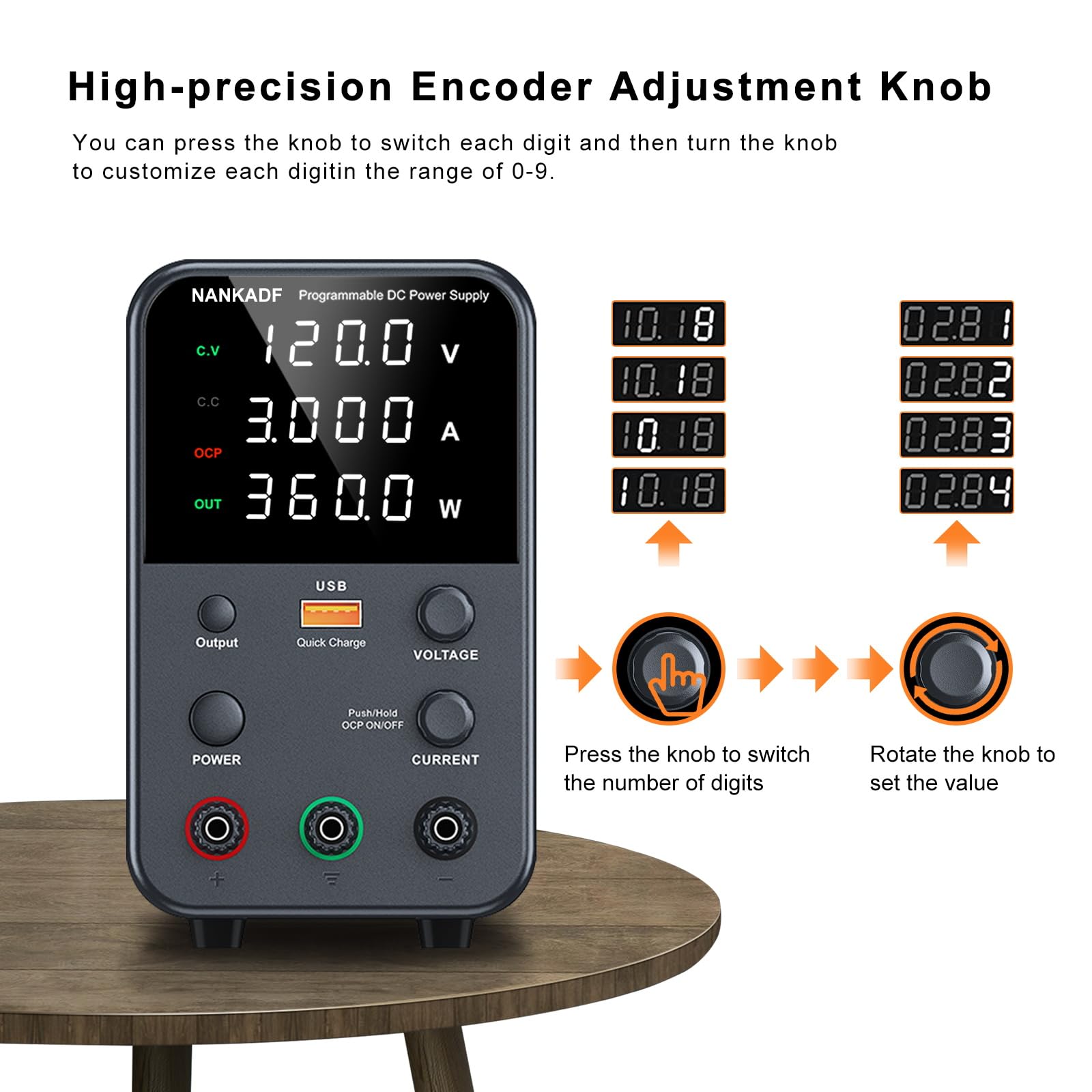 DC power supply (0-30V,0-10A) adjustable, switching power supplies, mini high precision 4-digit display with USB fast charging interface, variable lab bench power supply, output button/encoder knob