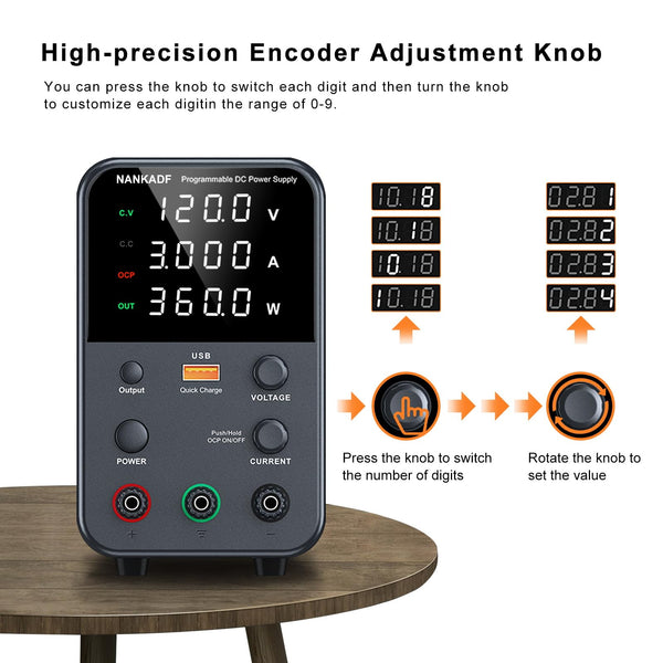DC power supply (0-30V,0-10A) adjustable, switching power supplies, mini high precision 4-digit display with USB fast charging interface, variable lab bench power supply, output button/encoder knob