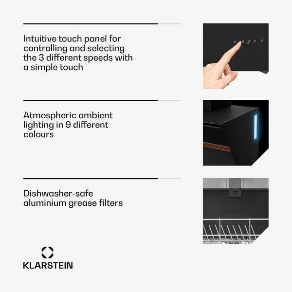 Klarstein Alina 90 Angled Cooker Hood - 600m³/h Air Flow, Touch Panel, LED Backlighting, Quiet 63dB, Energy Class A, 90cm Extractor Hood, Black
