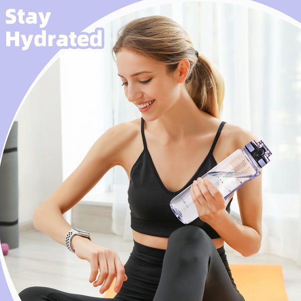 OLDLEY 1L/32oz Sports Water Bottle, 1000ml Motivational Drinks Bottle with Time Markings Leak Proof Drink & Lock Cover & No Straw, BPA Free for Adults Women Men Gym School Cycling Running Hiking