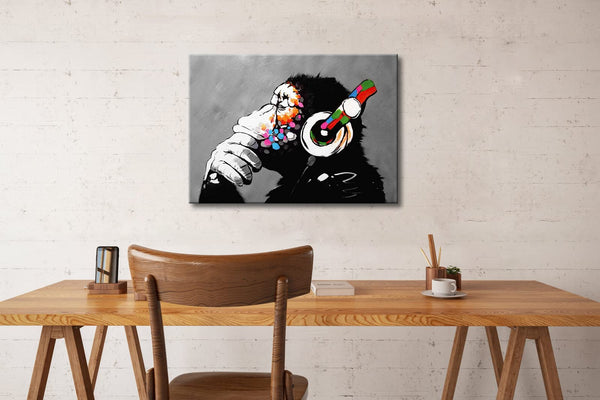 Wieco Art Monkey With Headphones Banksy Graffiti Art Abstract Canvas Painting Posters and Prints Animal Canvas Wall Art for Wall Decor and Home