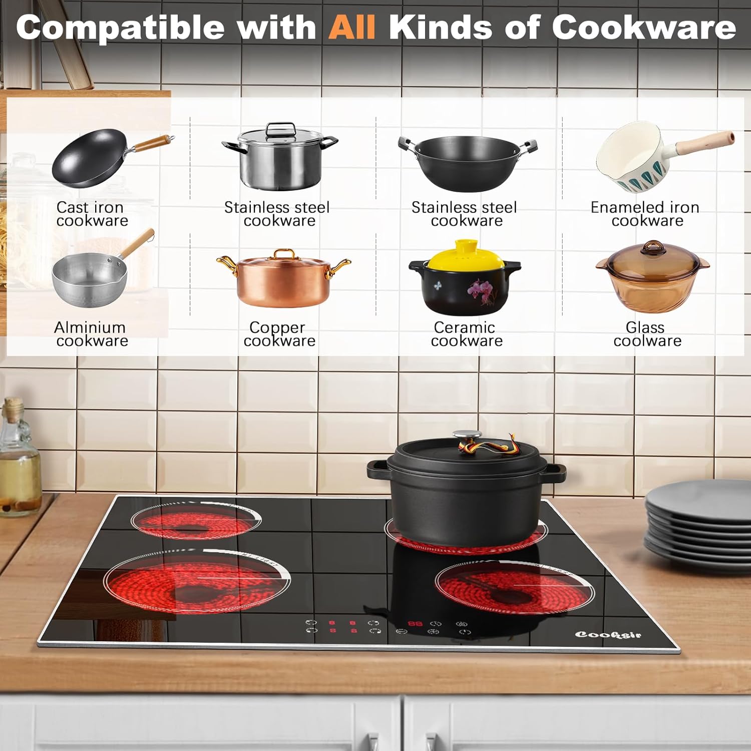 Cooksir Electric Hob 60cm, Ceramic Hob 4 Ring 6700W, Electric Hob 4 Zone with Expandable Dual and Oval Zone, Built-in Hob with Frame, Timer, Safety Lock, 220-240V(No Plug)