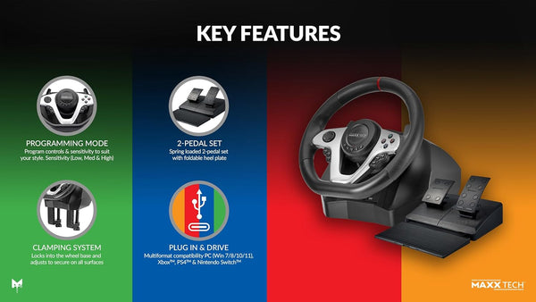 Maxx Tech PR279 Racing Wheel Kit For PC, Xbox, PS4 & Nintendo Switch - Wheel, 2-pedal set & wheel clamp