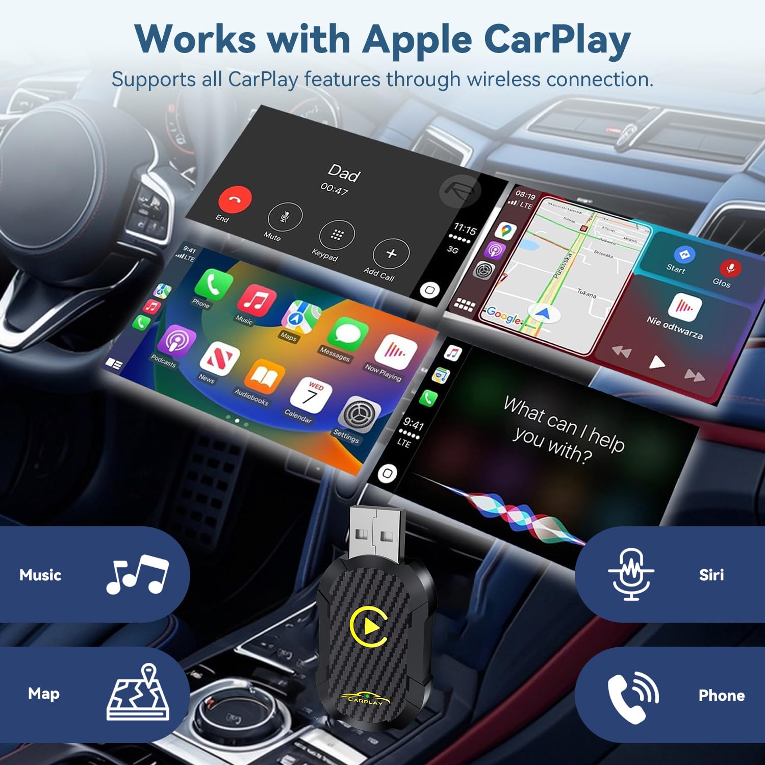 Wireless CarPlay Adapter 2024 Upgraded, Wireless CarPlay Dongle, Converts Wired CarPlay to Wireless, Plug and Play Car Play Wireless Adapter, Suitable for post-2016 cars，Compatible with iPhone iOS 10+