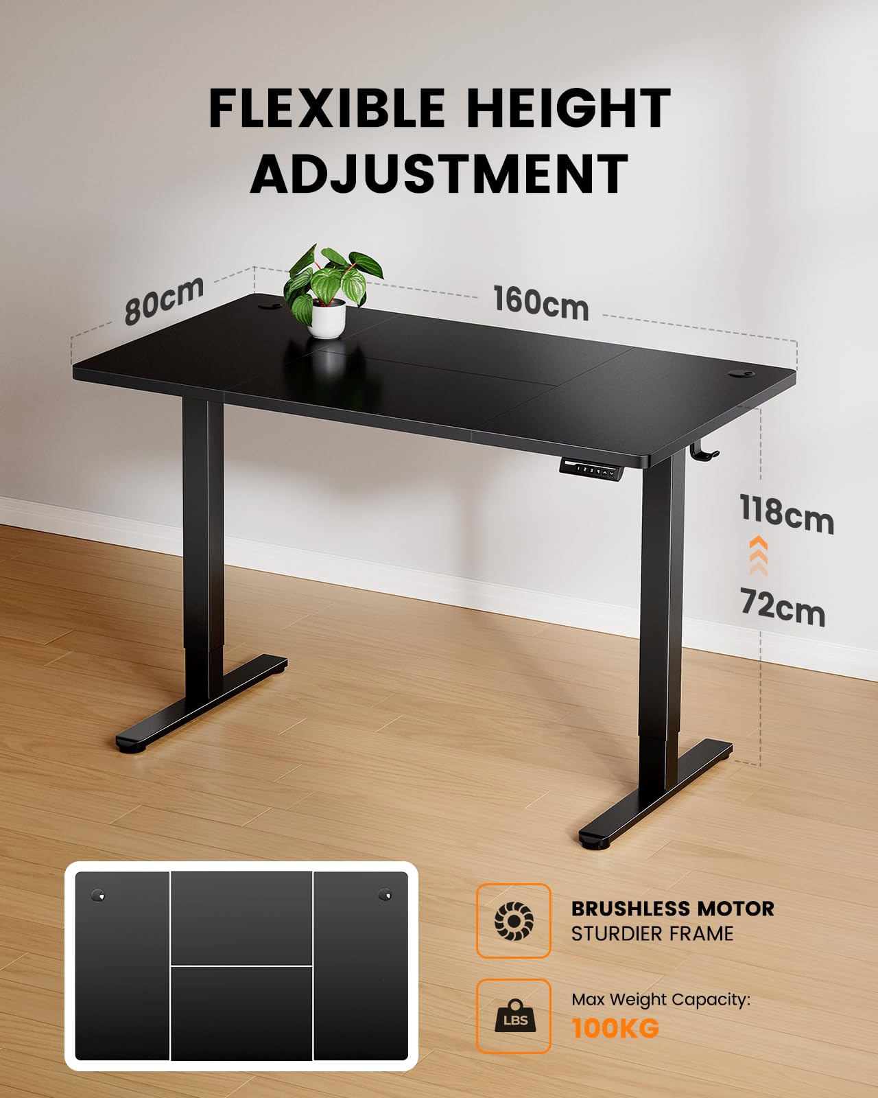 ErGear Electric Standing Desk-160 x 80 cm-100kg Load Capacity Height Adjustable Desk with Advanced Brushless Motor, Quiet Operation, Sturdy Metal Frame,Four-part Tabletop