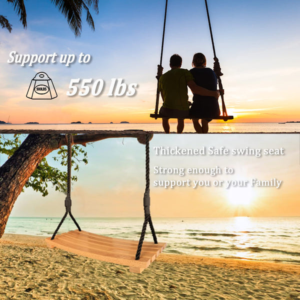 Favuit Wooden Swing Seat, Garden Tree Swing Hanging Seat Wood Swing with Adjustable Rope Outdoor Wood Swing Chair Durable Playground Equipment for