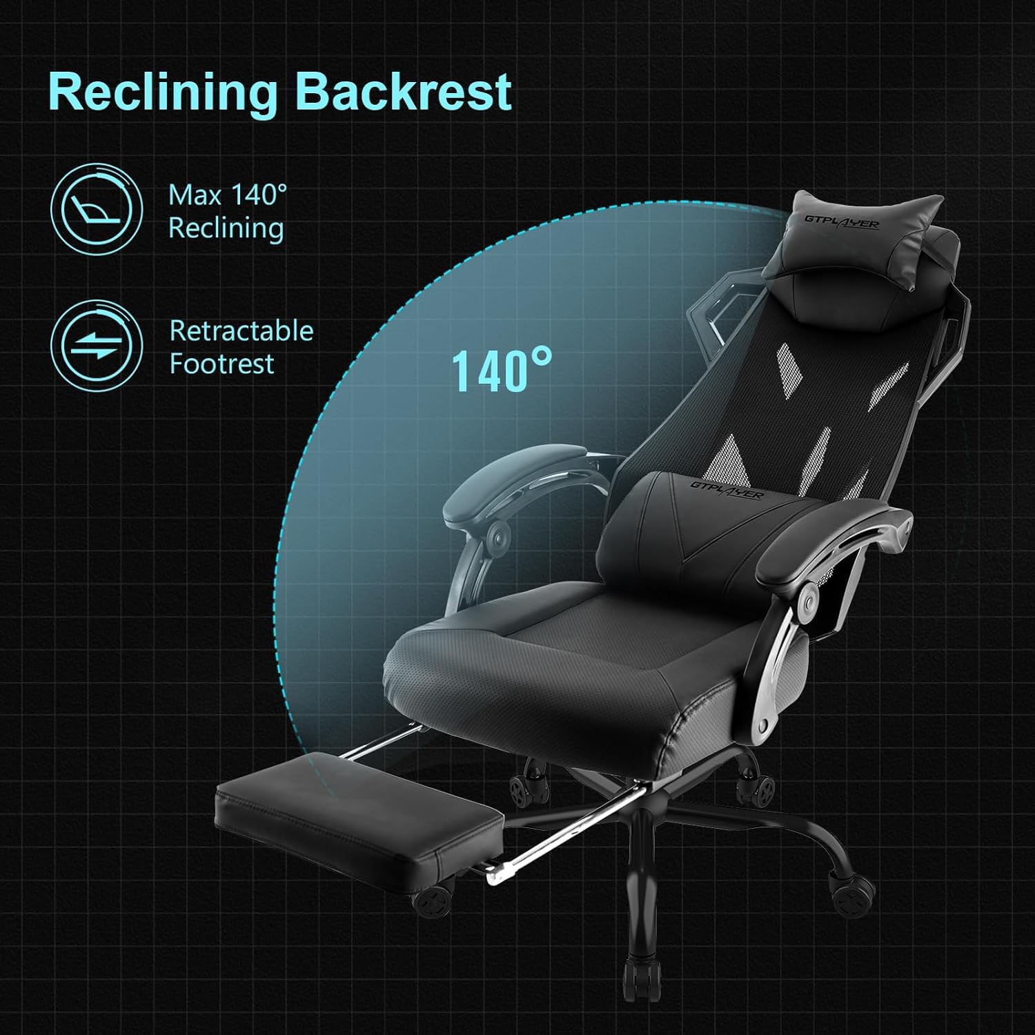 GTPLAYER Mesh Gaming Chair with Footrest 3D Stereoscopic Frame Support Ergonomic Fabric Cover Desk Chair Reclining Computer Chair Height Adjustable Office Chair - Black