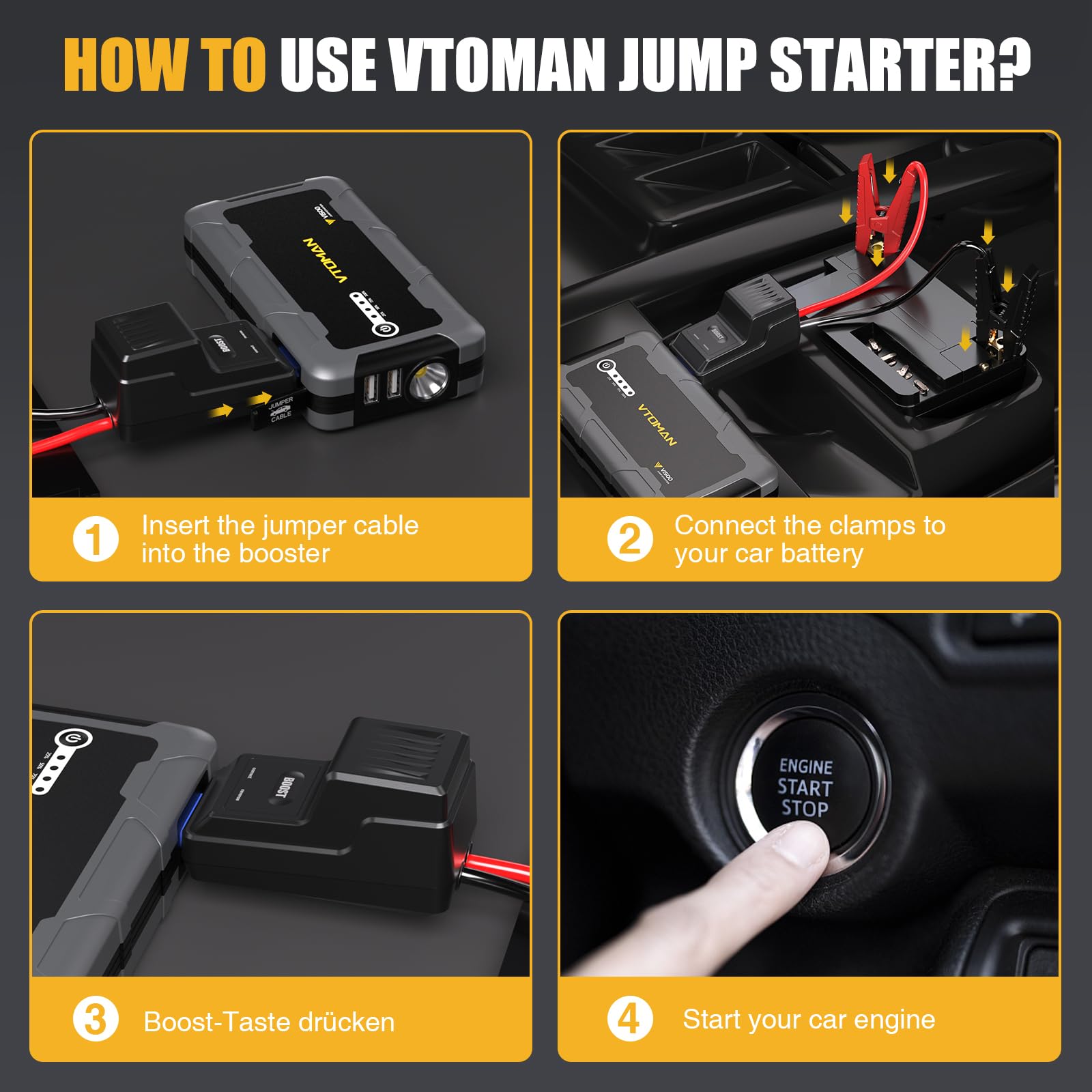 VTOMAN V2500 2500A Jump Starter Power Pack - Portable 12V Car Battery Booster Jump Starter with Jump Leads(Up to 8.0L Gas or 6.0L Diesel Engine), LED Flashlight, Quick Charge, 15V DC Port