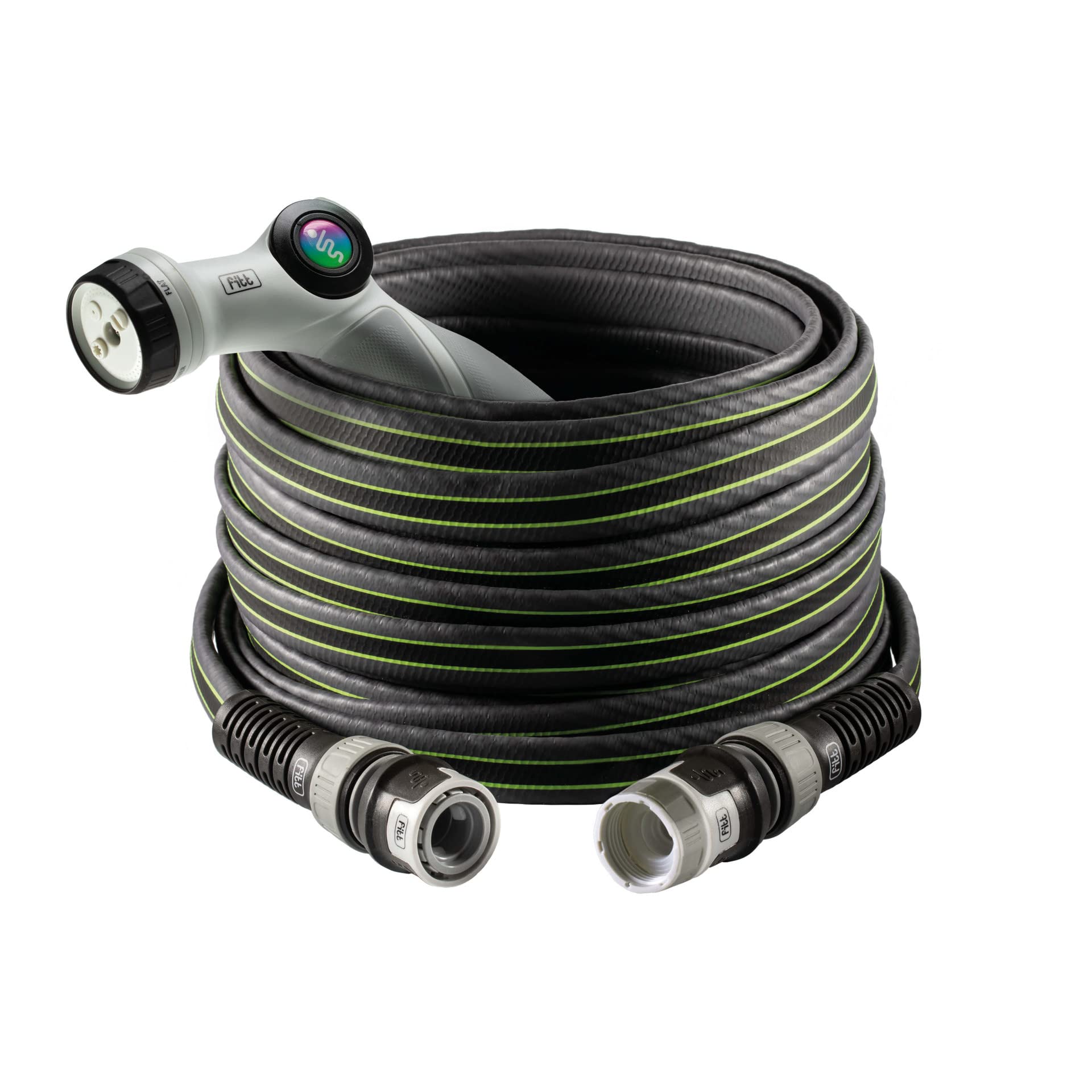FITT Force 5/8" 40m, Garden Water Hose for Irrigation, Compact, Light and Resistant for Intensive use, with Multi-Jet Gun, Grey with Green Stripes