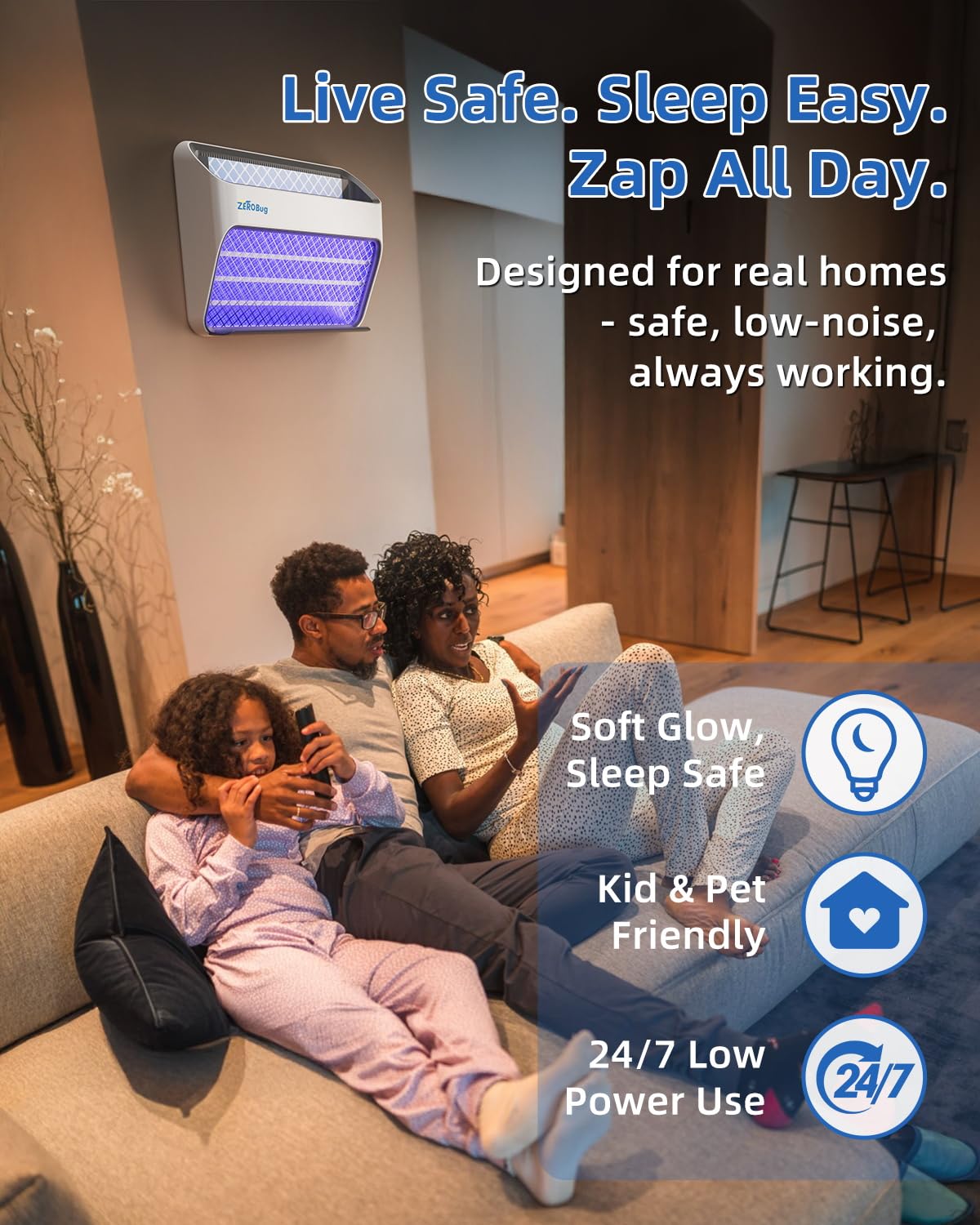 ZeroBug 2025 Upgraded Electric Fly Zapper & Trap, 5X Catcher Rate Fly Killer, USB-C Powered Indoor Bug Zapper with Long-Life UV LED, Mosquito Killer for UK Home, Kitchen, Office, 1 Device & 3 Traps