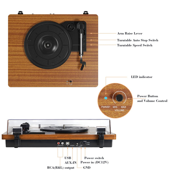 Retro Vinyl Record Player Bluetooth Desktop Phonograph Belt-Drive Turntable with External Speakers,Dual Stereo Speakers LP Players AUX Headphone Input RCA Out, 3 Speeds 3 Sizes Wood Brown
