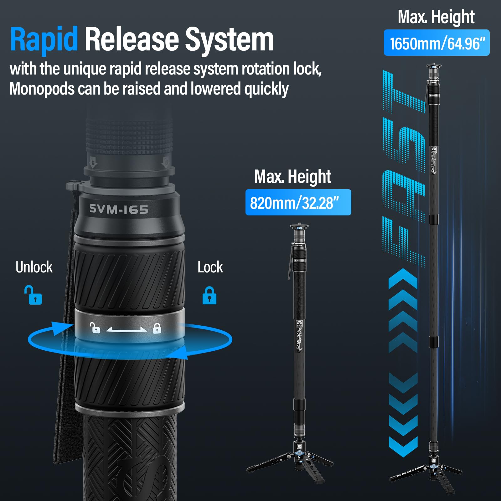 SIRUI SVM-145 Camera Monopod with Feet for Photography, 145cm Carbon Fibre Camera Monopod with Removable Tripod Stand Base, for DSLR, Camcorder, Max Load 10kg