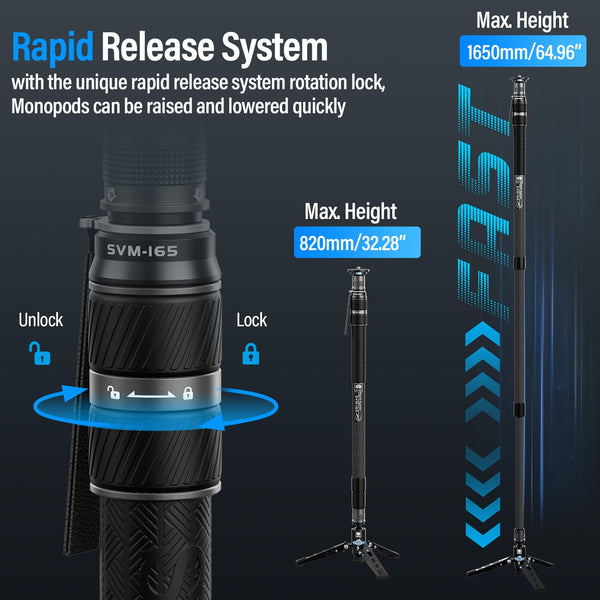 SIRUI SVM-145 Camera Monopod with Feet for Photography, 145cm Carbon Fibre Camera Monopod with Removable Tripod Stand Base, for DSLR, Camcorder, Max Load 10kg