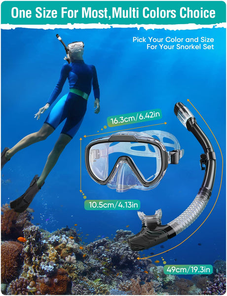 Lealinga Snorkel Set Adults Snorkel Mask Anti-Fog Panoramic View Diving Mask Dry Top Snorkel Kit with Travel Bag Diving Set for Snorkeling Scuba Diving Swimming Travel