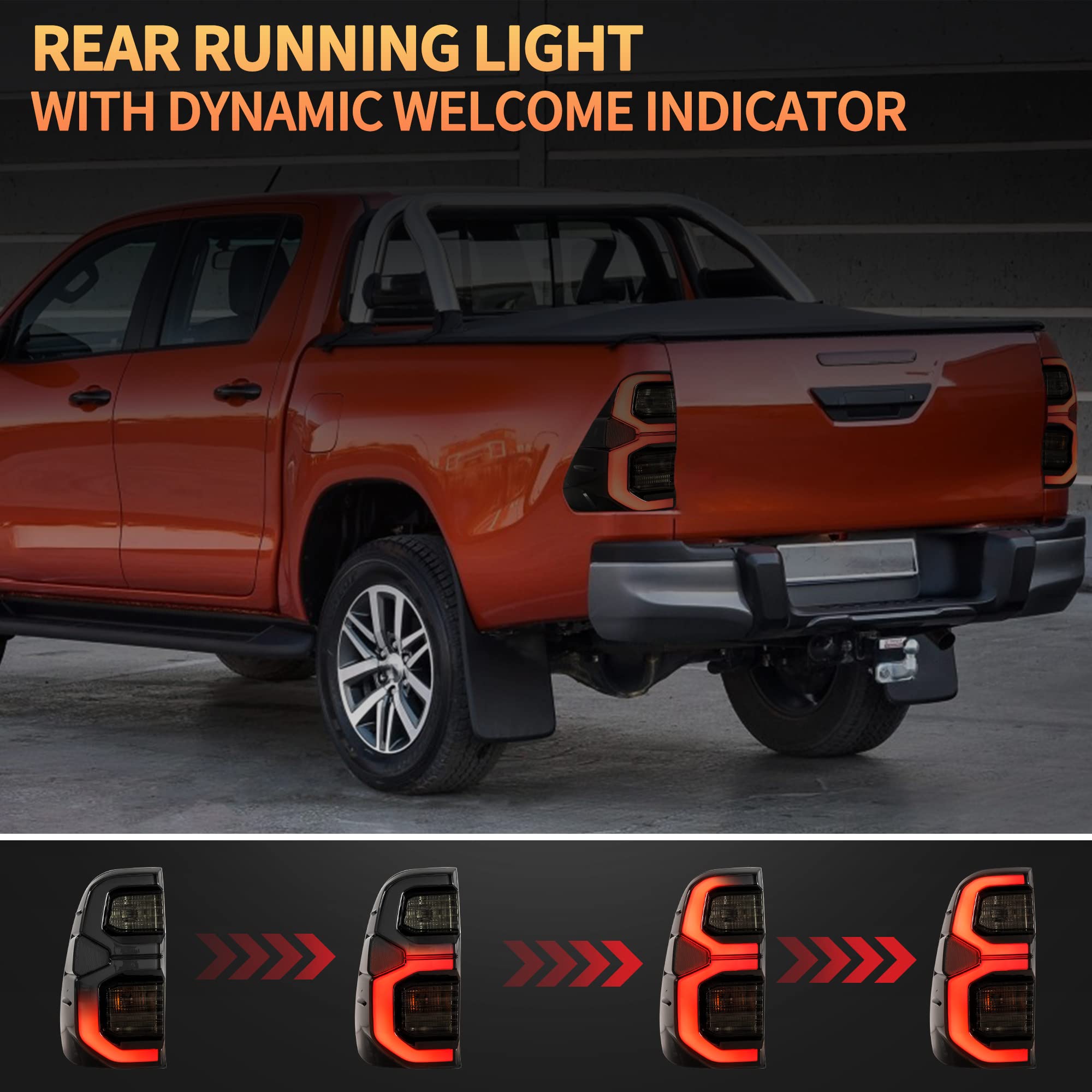 VLAND LED Rear Lights compatible with Hilux Vigo Revo Pickup 2015-2020 [Not fit a Tonka], w/Amber Sequential indicator, Driver & Passenger Side - Red