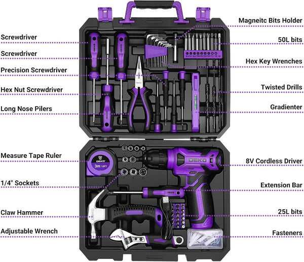 Tool Kit: DEKO Drill Set with Cordless Drill, Tool Kit Set Box, DIY Hand Tools for Men and Home, with 8V Electric Drills Blue,126 Pieces