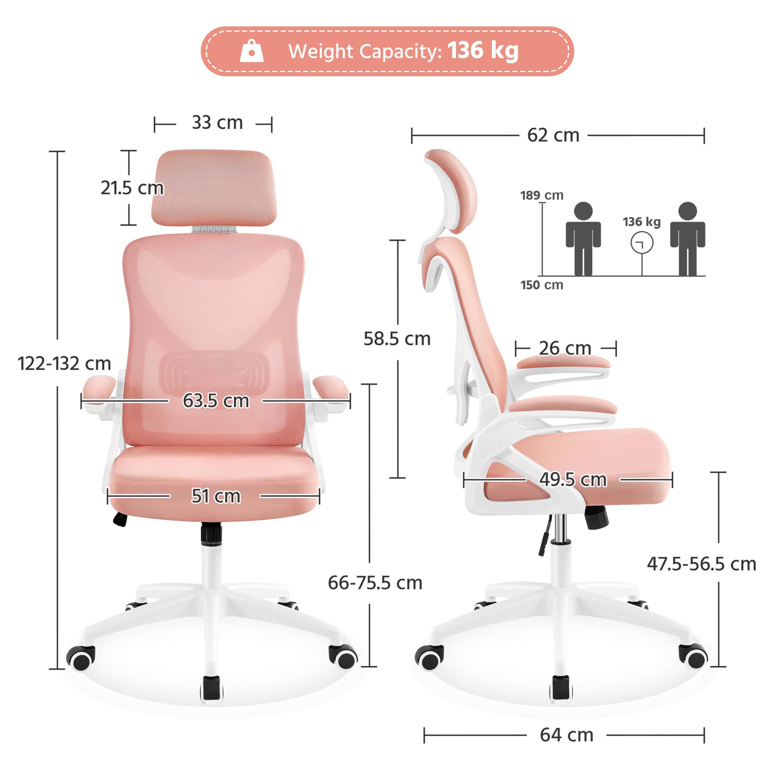 Yaheetech High Back Home Office Chair Ergonomic Swivel Desk Chair with Arms and Height Adjustable Back Support for Home Study or Manager Work White/Pink