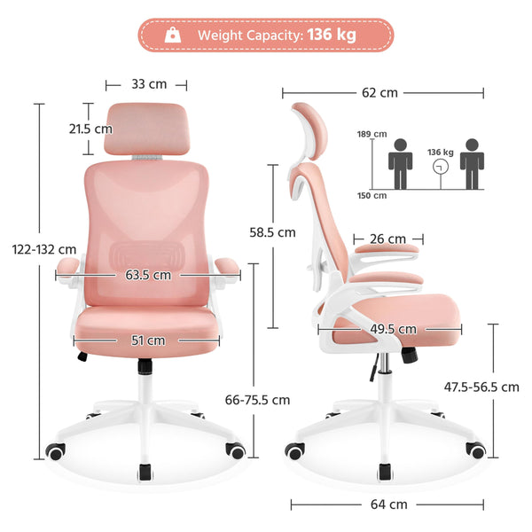 Yaheetech High Back Home Office Chair Ergonomic Swivel Desk Chair with Arms and Height Adjustable Back Support for Home Study or Manager Work White/Pink