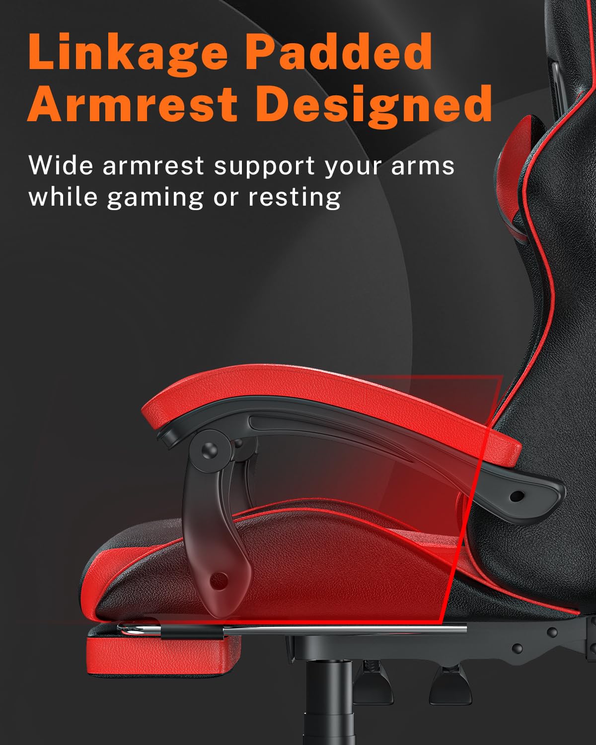 bigzzia RGB Gaming Chair with LED Lights and Ergonomic Computer Chair Reclining PU Leather High Back Video Game Chair with Headrest Adjustable Lumbar Support Linkage Armrest for Adults (Black/Grey)