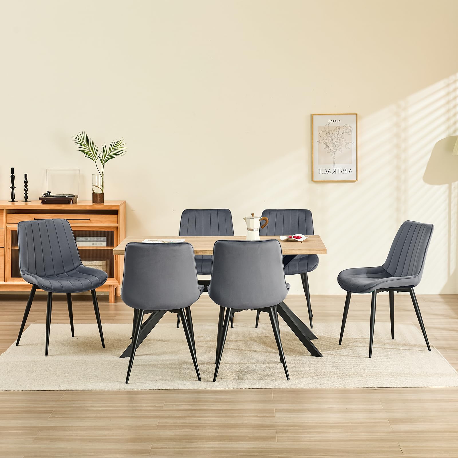 LONGTOO Set of 6 Dining Chairs with Velvet Upholstered Seat & Backrest,Stable Metal Legs,Modern Stripe Design,Champagne