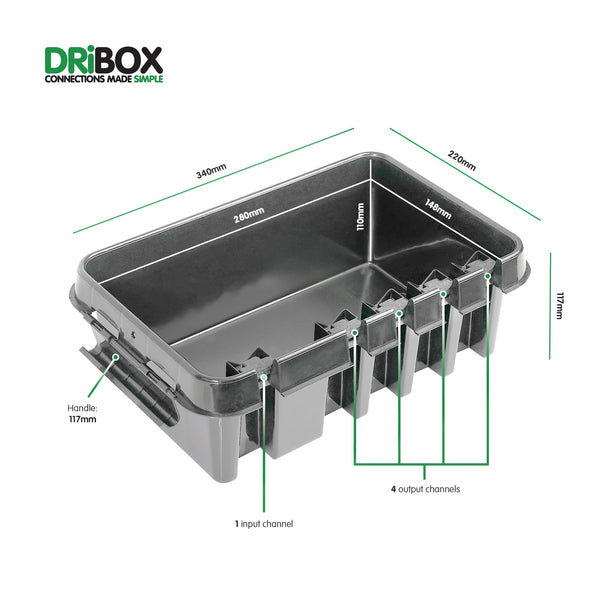 DRiBOX – Large IP55 Weatherproof Outdoor Electrical Connection Box 40 x 31 x 14.5cm – Power Cord Enclosure for Christmas Lights, Timers, Extension Cables, Leads, Reels, Transformers (Large, Black)
