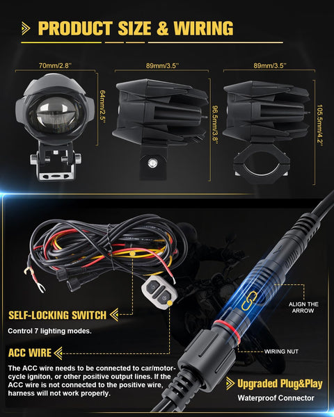 CO LIGHT Motorcycle LED Fog Light 60W 20000LM Auxiliary Lights 7 Modes Amber White Light Combo with Waterproof Wire Harness Kit for Motorcycle GS Pan America Adventure