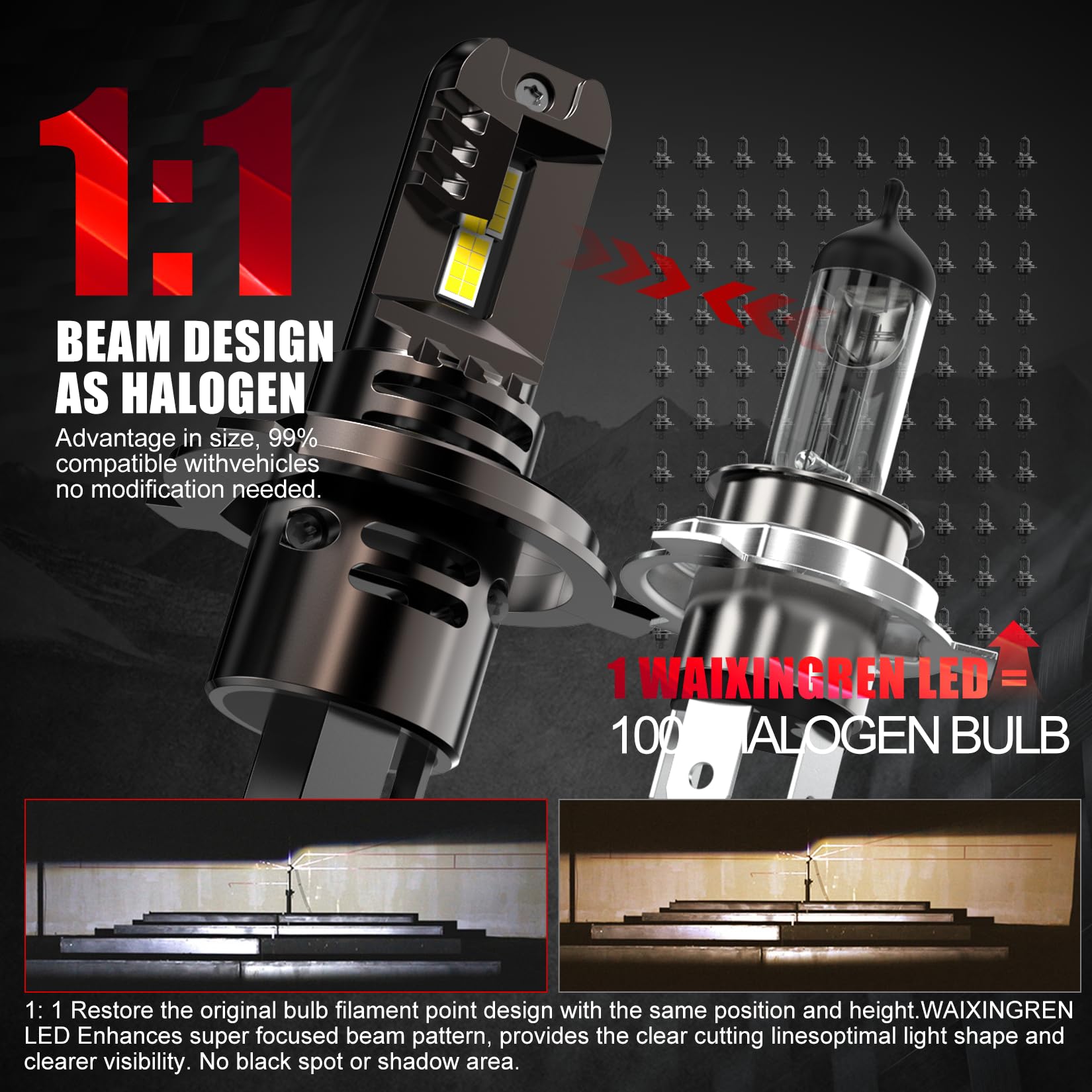 WAIXINGREN H4 Led Headlight Bulbs, 6500K Cool White, 60W 26000LM H4 Headlight Bulbs led with Fan, No Adapter Required, Plug and Play Easy Installation, Pack of 2 (H4/9003/HB2)