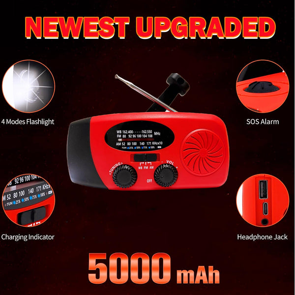 iRonsnow Solar Emergency Hand Crank Weather Radio, Portable Self Powered NOAA AM/FM Radios with SOS Alarm LED Flashlight 2000mAh Smart Phone USB Charger for Camping (Red)