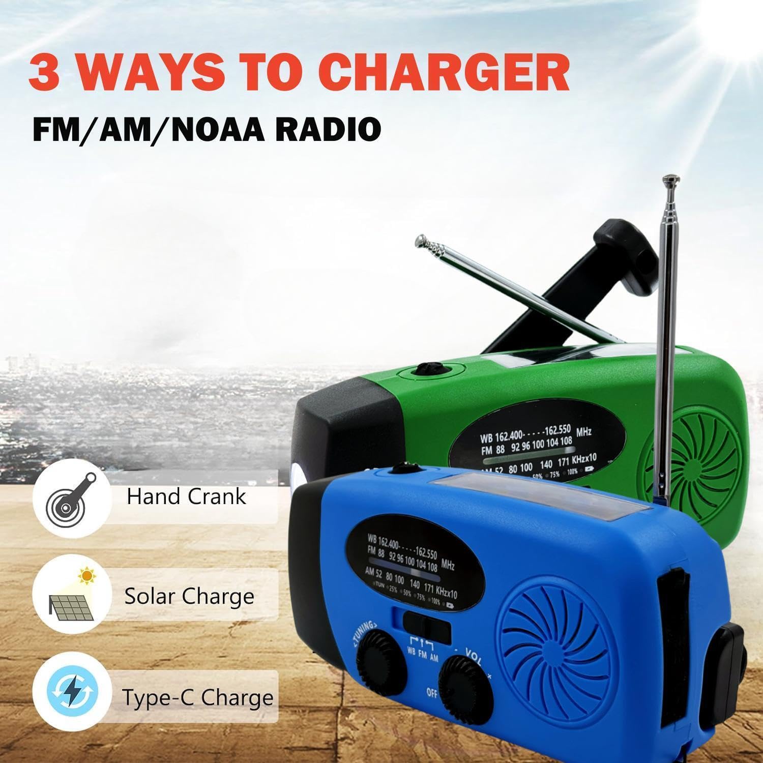 iRonsnow Solar Emergency Hand Crank Weather Radio, Portable Self Powered NOAA AM/FM Radios with SOS Alarm LED Flashlight 2000mAh Smart Phone USB Charger for Camping (Red)