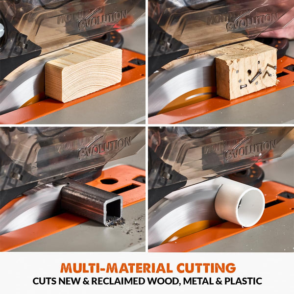 Evolution Power Tools R255TBLX+ Table Saw With Stand (Next Gen Rage 5-S) Multi-Material Cutting Blade Included Cuts Wood Metal Plastic, 45˚ Bevel, +/- 60˚ Mitre Angle, 85mm Cut Depth, 1800w Motor 240v
