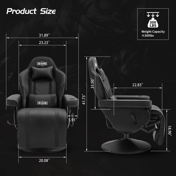 S*MAX Gaming Chair Recliner Height Adjustable Ergonomic Higher Back and Wider Lumbar Support Swivel PU Leather Gaming Chair with Footrest Cup Holder Gamer Chairs for Adults Black X Large