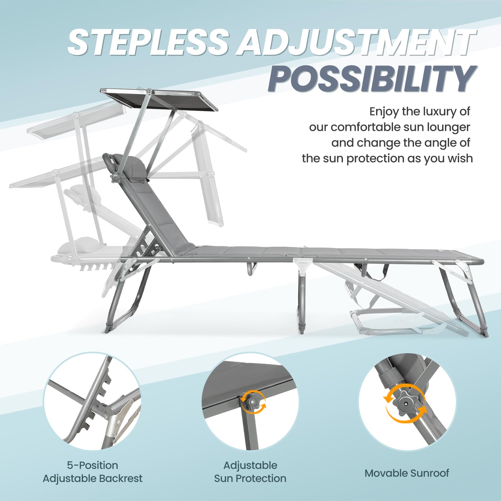 Homecall 30039 XXL Aluminium Sun Lounger with Sun Roof Three-Legged Beach bed 200x70 cm Maximum Load 150 kg, Grey textilene, Quick Dry Foam