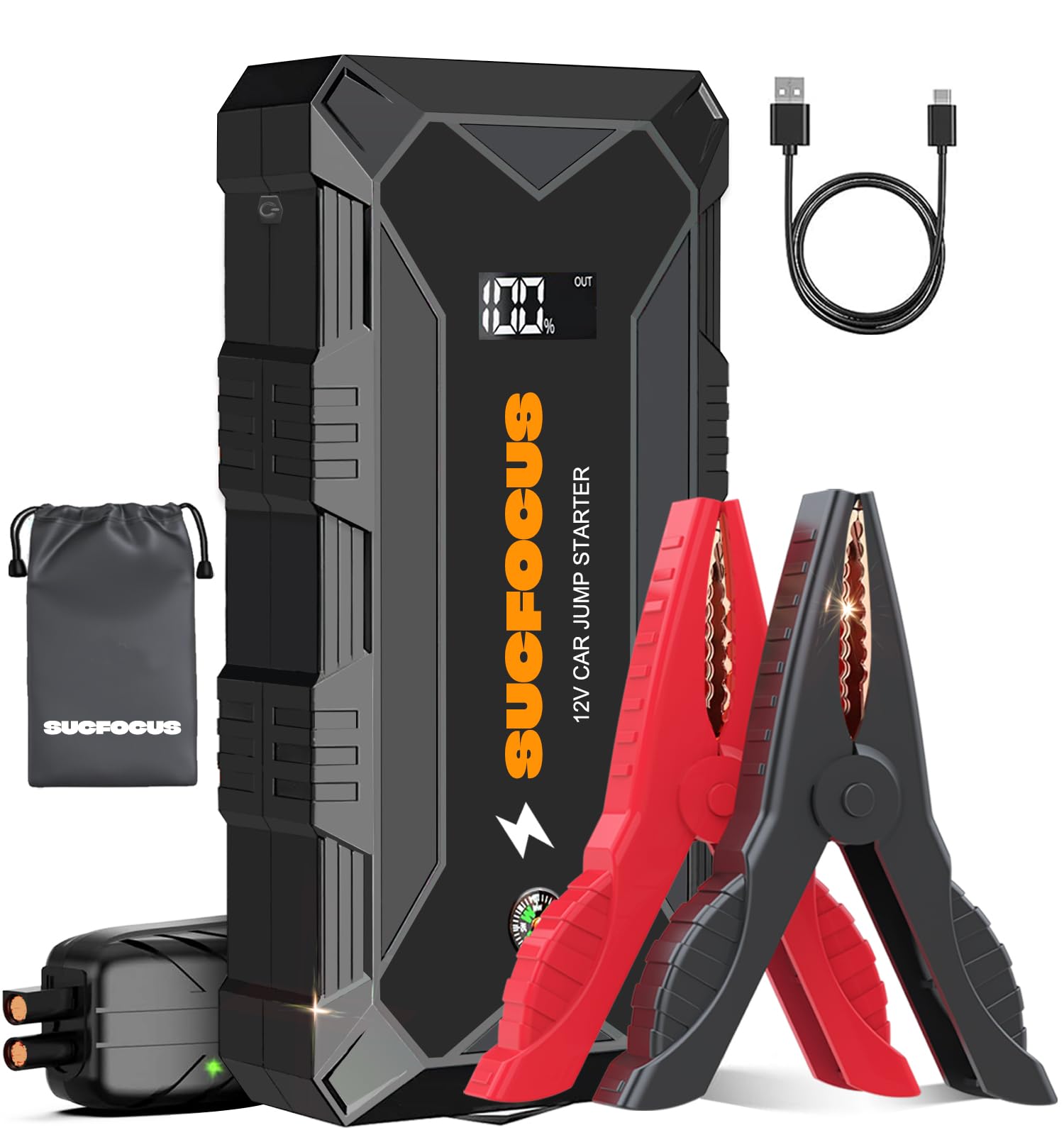 Jump Starter Power Pack, 2500A Car Battery Booster Jump Starter (for 8.0L Gas or 6.5L Diesel Engine), Car Jump Starter Power Bank, Battery Jump Starter with Jump Leads, LED Light/USB QC3.0