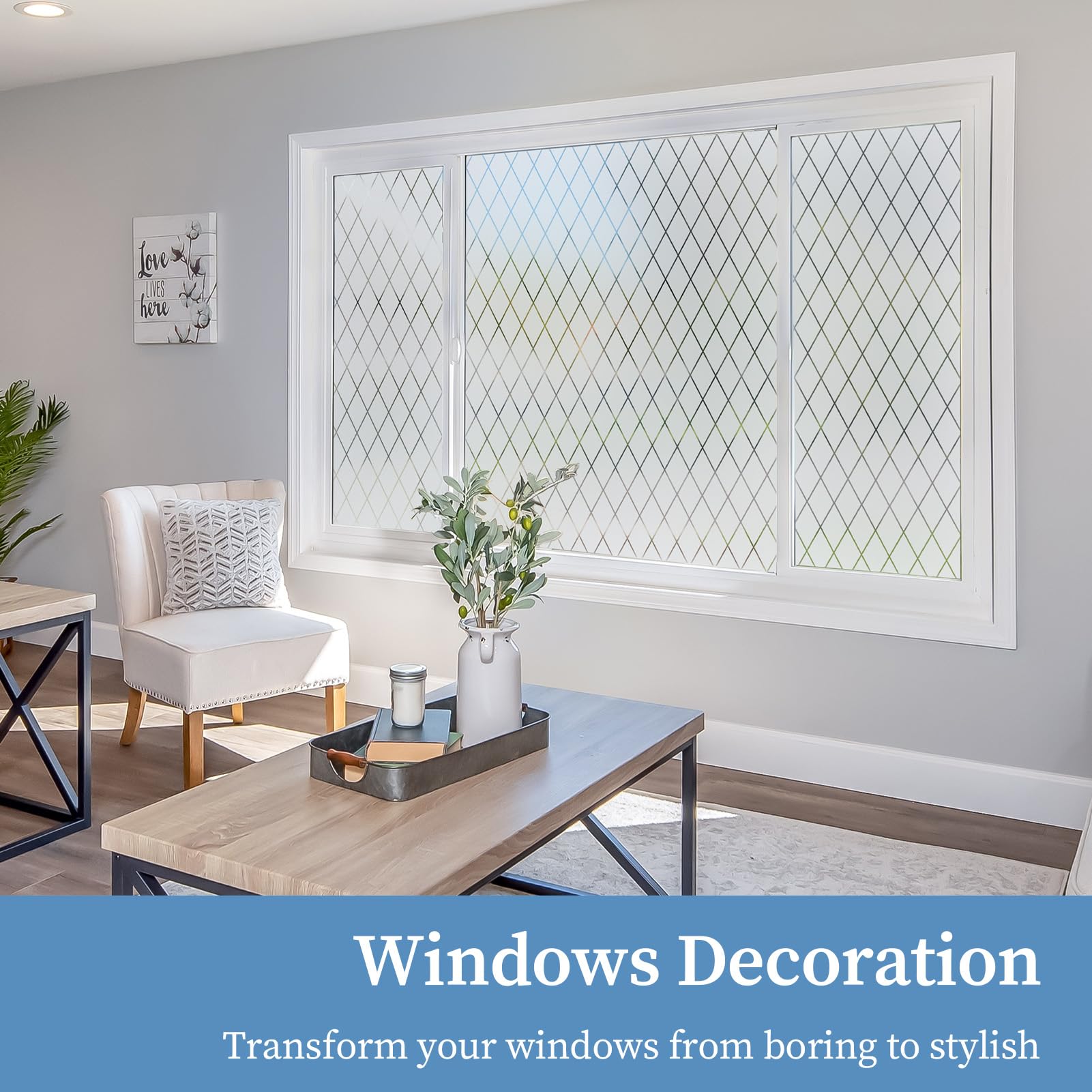 FEOMOS Frosted Lattice Window Film, Window Privacy Film, Decorative Window Cling Non Adhesive, Frosted Glass Film for Windows Doors UV Rejection