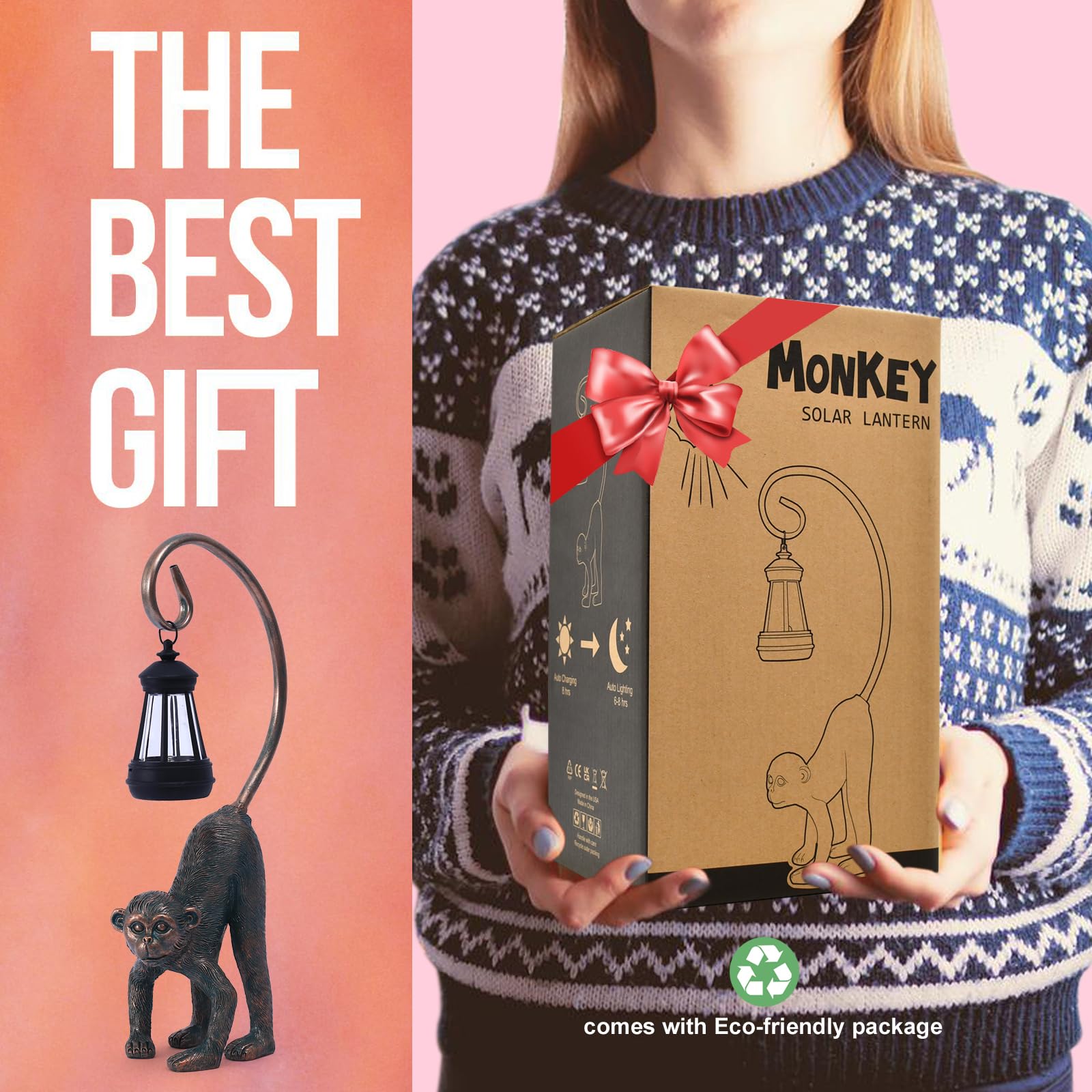 Goodeco Monkey Statue Solar Garden Ornaments Tail Hanging Solar Lantern - Home Lawn Decor Monkey Garden Accessories for Patio,Balcony,Garden Gifts for