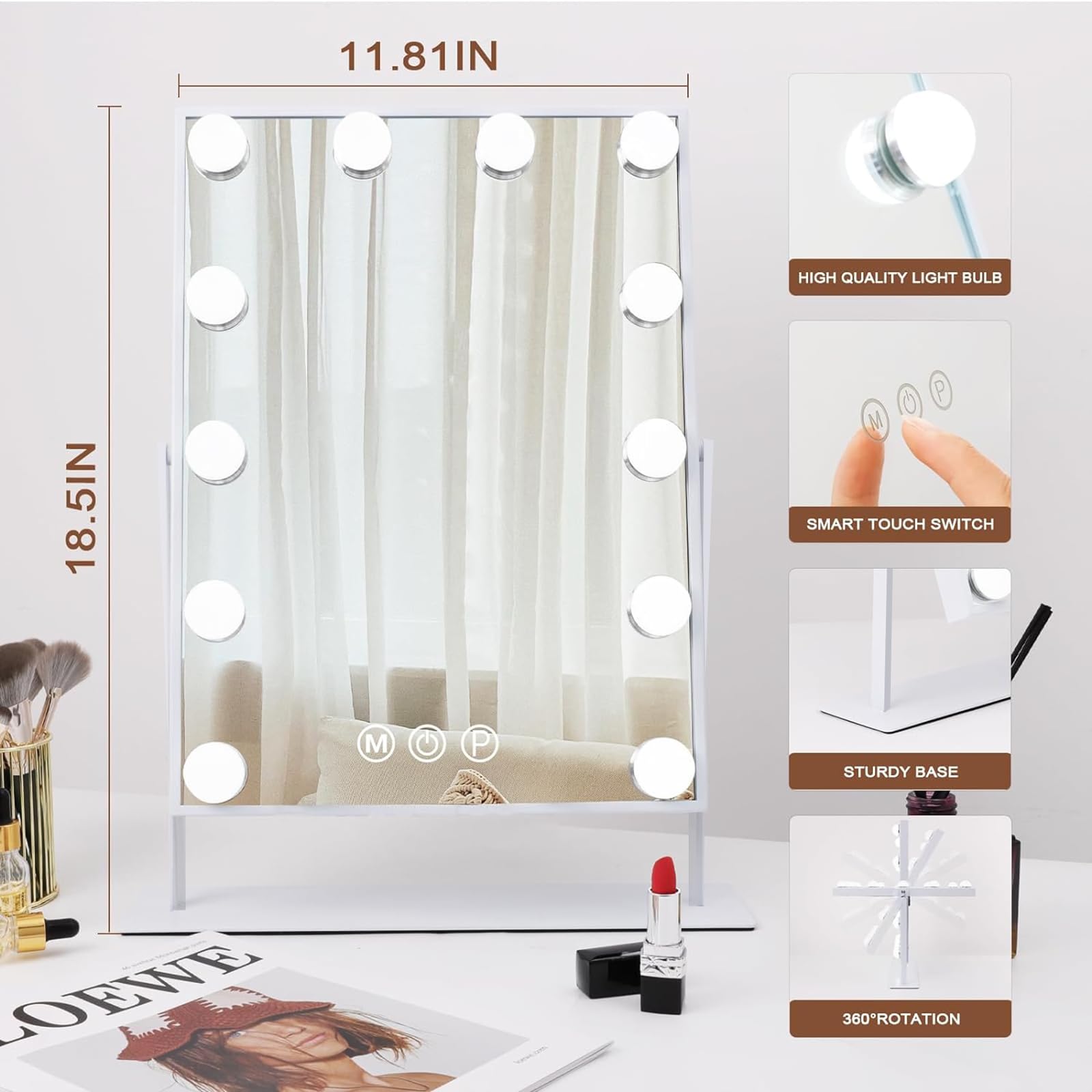 Hansong Hollywood Vanity Mirror with Lights 12 Dimmable LED Bulbs Lighted Makeup Mirror with 3 Color Light & 10X Magnifying Touchscreen Control 360