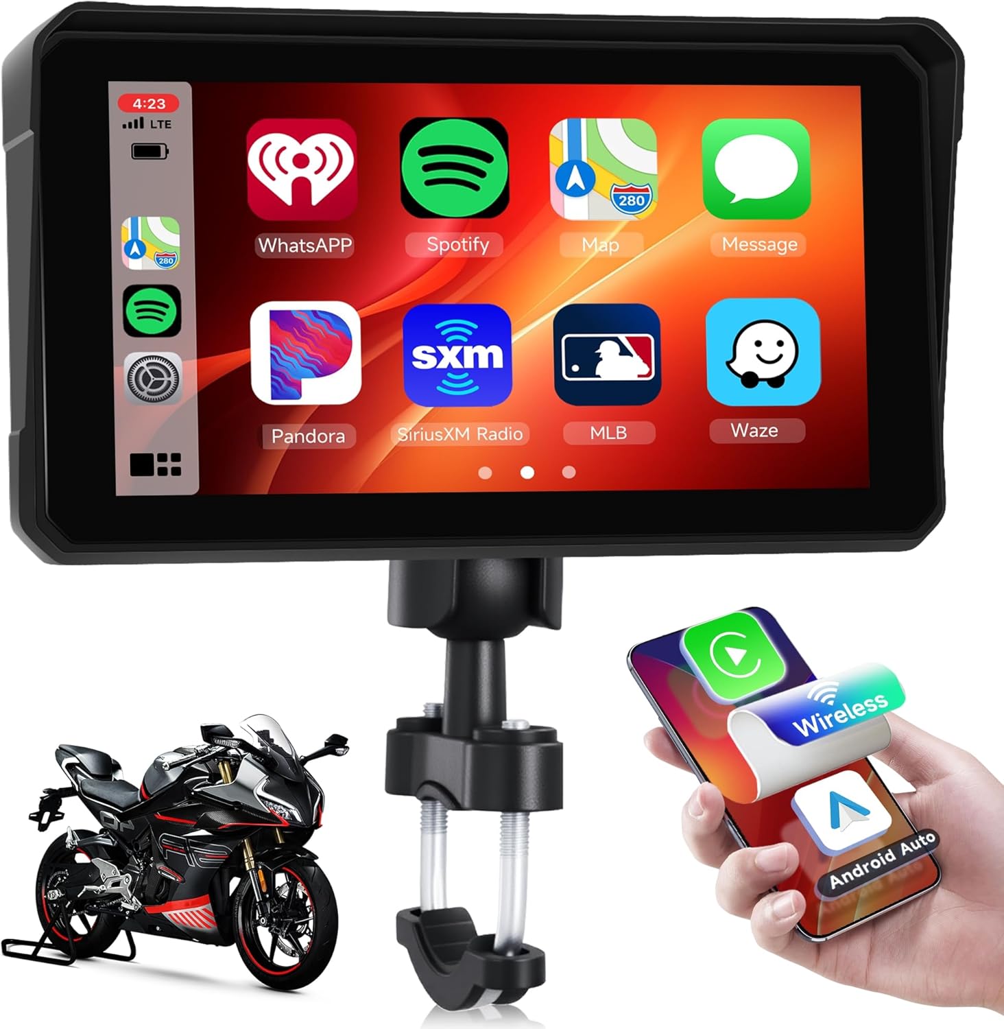 Motorcycle Carplay Screen with Bluetooth, 6 Inch Touchscreen Wireless CarPlay & Android Auto Airplay Screen for Moto GPS Navigation for Motorbike Waterproof, Voice Control, Voice Assistant, TF