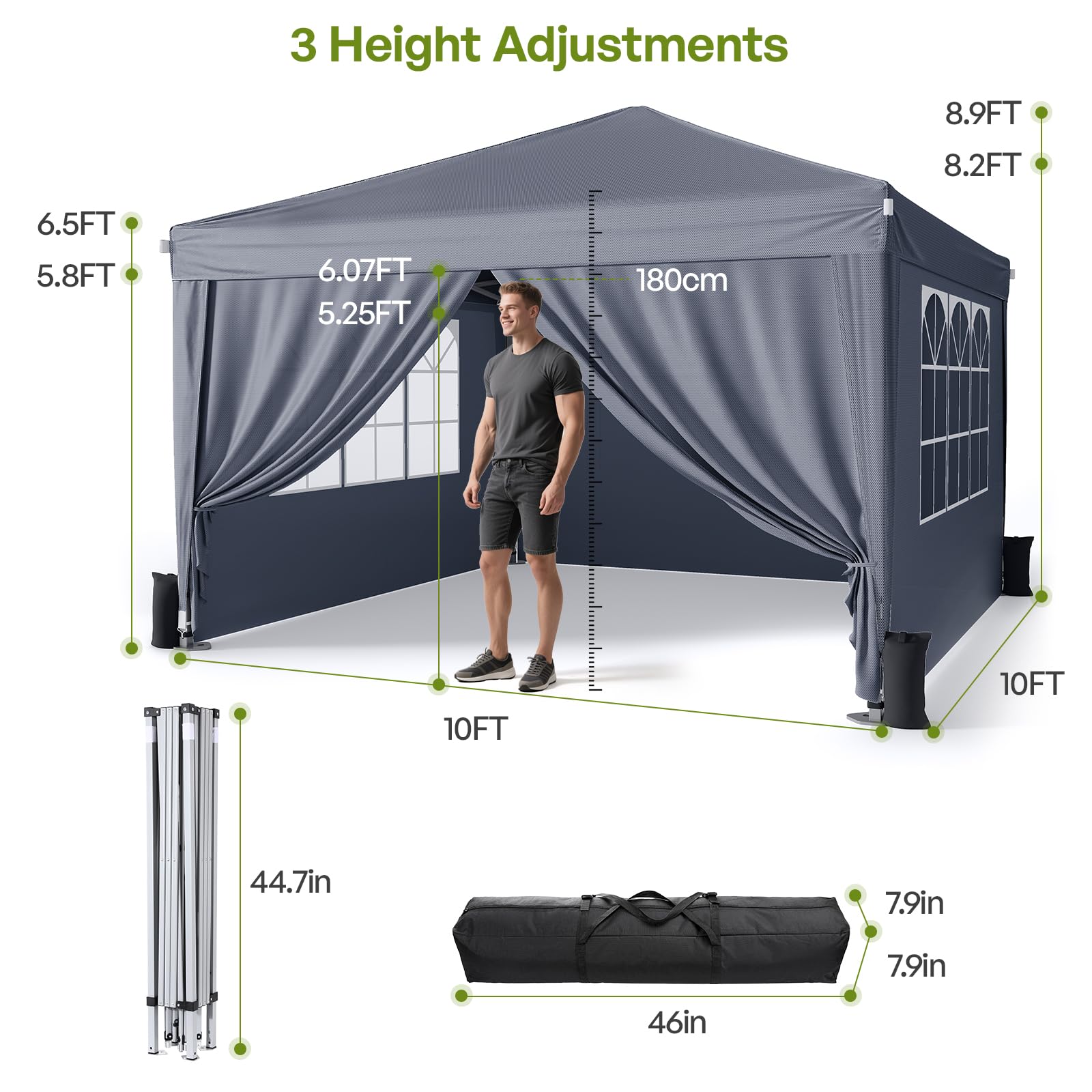 Driftalia Gazebo with Sides 3m x 3m, Waterproof Pop Up Gazebo with 4 Sandbags and Carry Bag for Parties, Camping, Commercial Events - Dark Grey