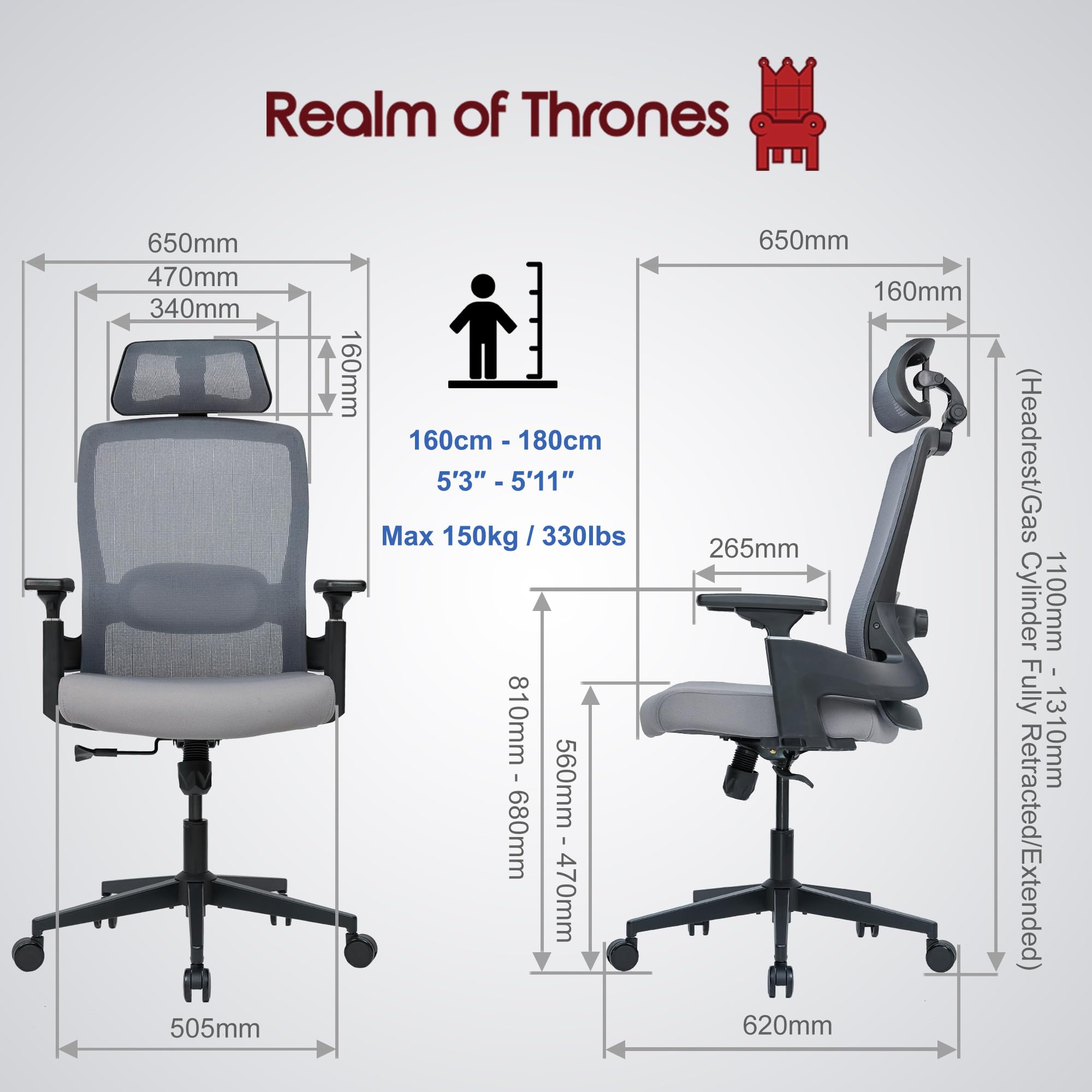 Realm of Thrones CAPTAIN Ergonomic Office Chair for Home, Heavy Duty Steel Base, Versatile Flip-up Armrests, Adjustable Lumbar Support, Mesh Back Comfort Cushion Seat for Computer Desk/Gaming (Black)