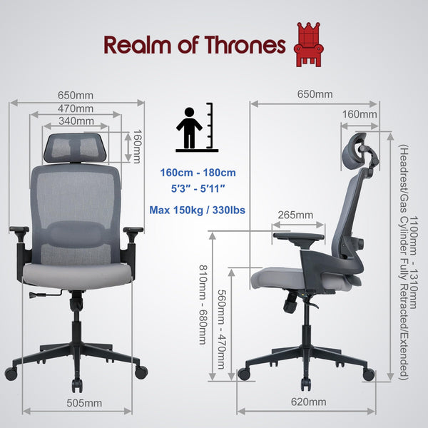 Realm of Thrones CAPTAIN Ergonomic Office Chair for Home, Heavy Duty Steel Base, Versatile Flip-up Armrests, Adjustable Lumbar Support, Mesh Back Comfort Cushion Seat for Computer Desk/Gaming (Black)
