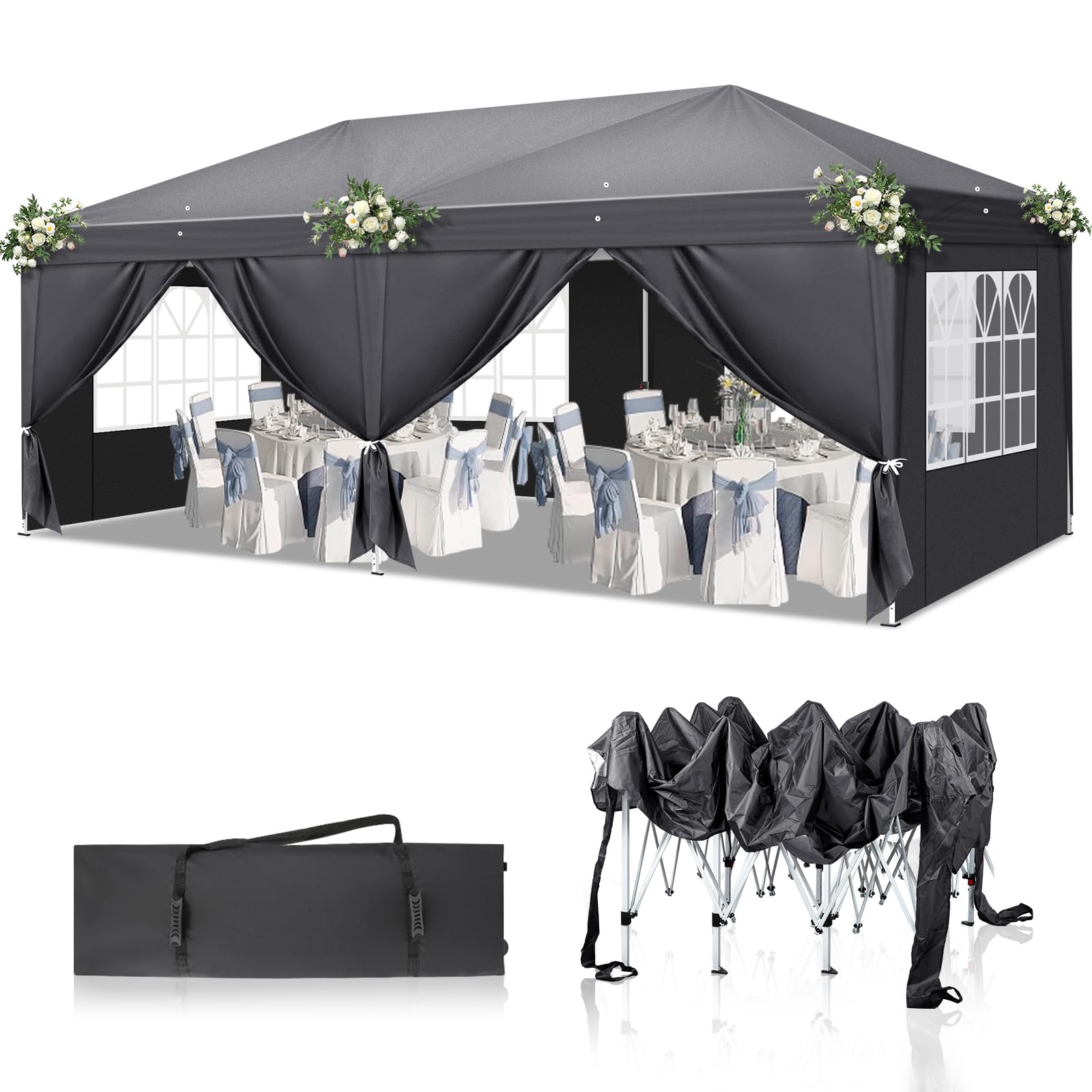 Bonnlo Pop Up Gazebo with Sides 3m x 3m, Easy Setup Instant Outdoor Canopy, Folding Garden Gazebo, Party Tent Grey