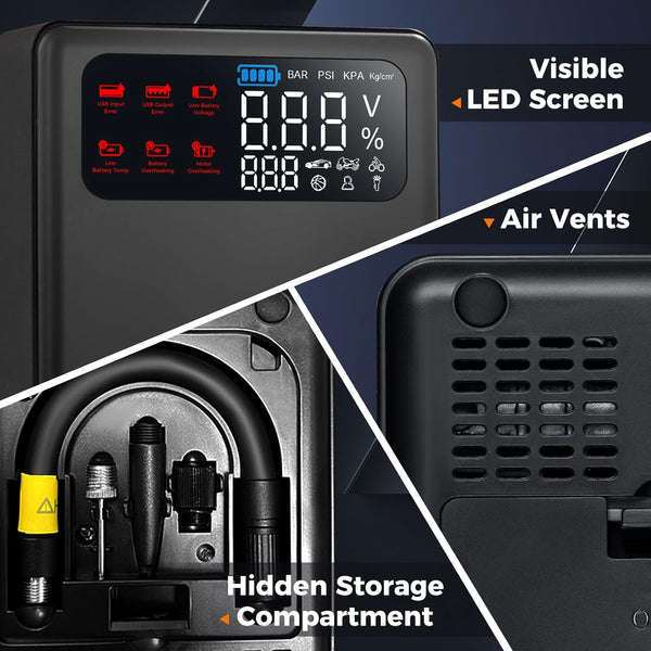 COSTWAY 5-in-1 Jump Starter with Air Compressor, 2000A Peak 13000mAh 12V Car Battery Booster Jump Starter (up to 8.0L Gas or 5.0L Diesel Engine), Powerbank Charger with Jump Leads, LED Flashlight