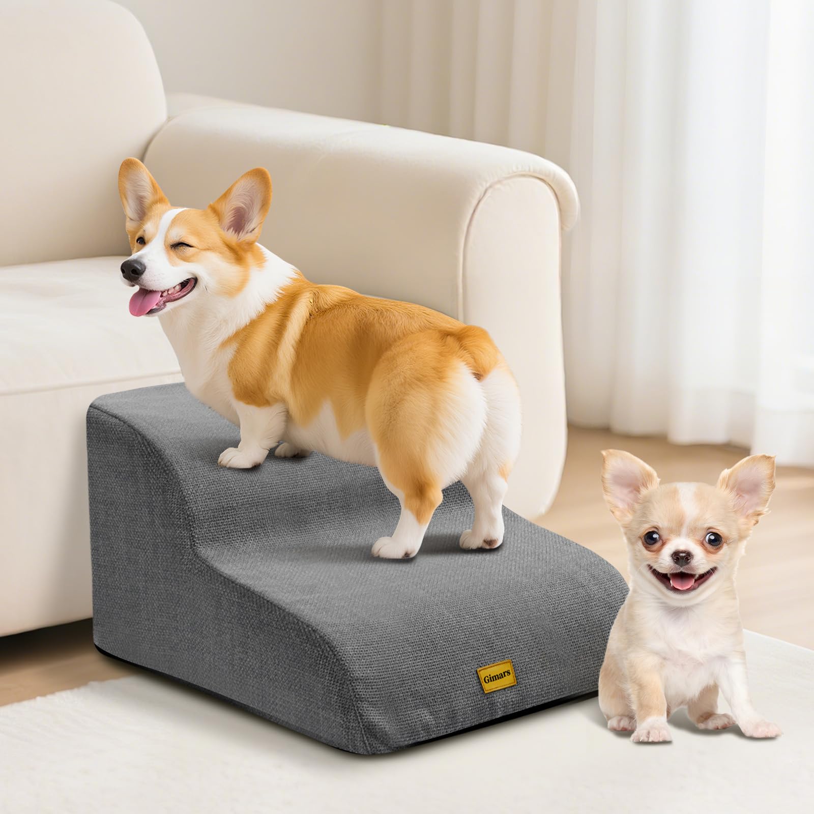 Gimars 30D High-Density Foam & Extra-Wide, Stable 3-Step Dog Stairs, 40cm High Pet Stairs with Washable Cover & Non-Slip Base, Portable Ramp for Small Dogs to Sofa, Bed, Couch, Car
