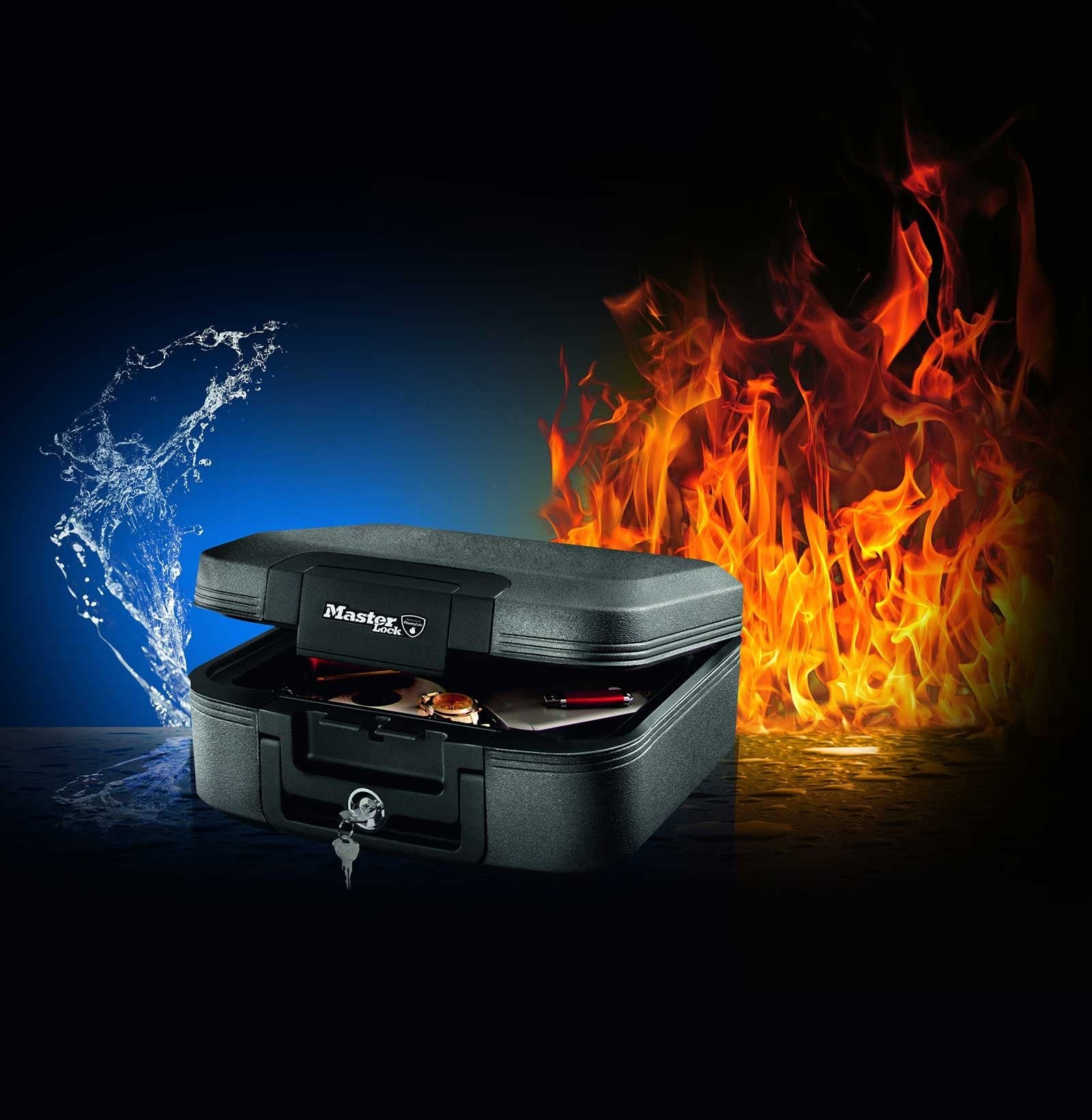 MASTER LOCK Certified Fireproof Safe Box with Key, 5L, 362 x 156 x 284 mm, Portable with carrying handle, Black, for home and professionals