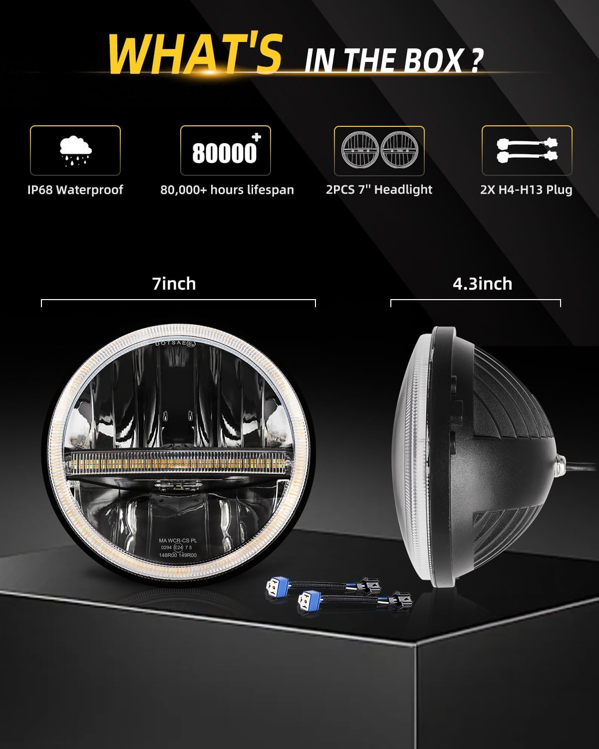 CO LIGHT 2PCS 7 Inch LED Headlight Round Amber Turn Signal White DRL High/Low Beam E-Mark Approved Compatible with Wrangler JK LJ TJ CJ 1965-1978 Escort Mk1（H4-H13 Adapter Included）